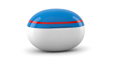 Naklejka premium Blue and white egg-shaped capsule container with a red stripe isolated on a white background. 