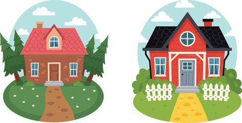 Naklejka premium Charming Cartoon Houses Illustration Set Featuring Cozy Cottage Homes with Garden, Fence, and Scenic Landscape for Real Estate, Neighborhood, and Kids Design