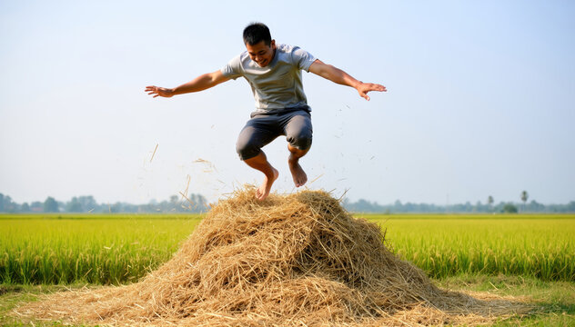 Joyful Leap atop a Haystack: A man launches himself into the air from a haystack, arms outstretched, celebrating a moment of carefree joy against a backdrop of a clear sky and golden fields.