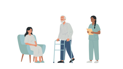 Obraz premium Healthcare Support Illustration: Nurse, Elderly Man with Walker, and Patient. Senior Care & Recovery Concept.