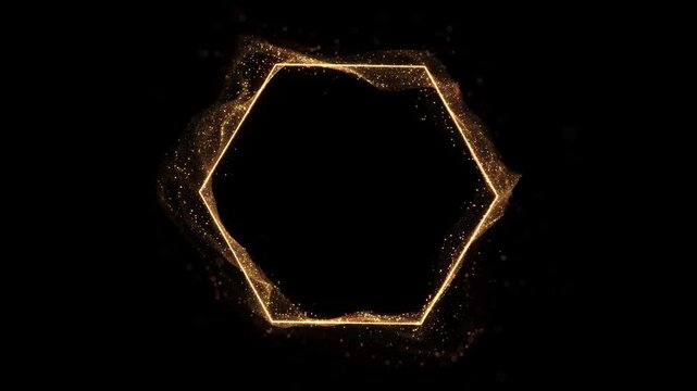 Elegant golden hexagon border glittering particles light flares luxury golden geometric background. metallic geometric lines pattern hexagon luxury gradient triangles isometric grid. metallic stripes.