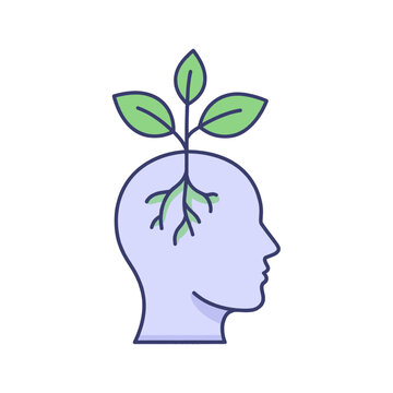 Illustration of a human head profile with a plant growing from it, symbolizing growth and new ideas.