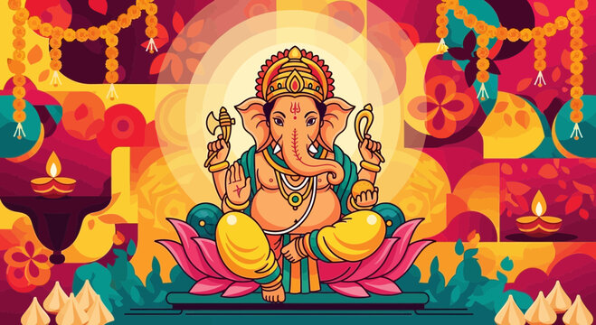Ganesha sitting on lotus, vibrant Indian festival background, Hindu deity, blessings