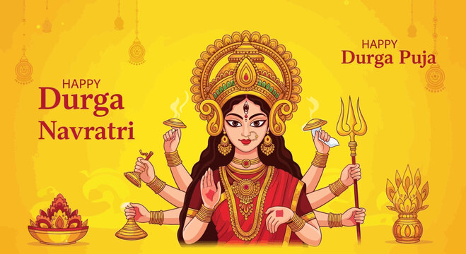 Happy Durga Puja Navratri Festival Goddess Maa Durga Illustration Yellow Background