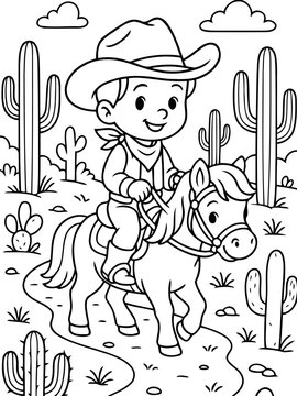 Young Cowboy on a Pony: A charming cartoon depiction of a young cowboy riding a pony through a desert landscape, ready for coloring.