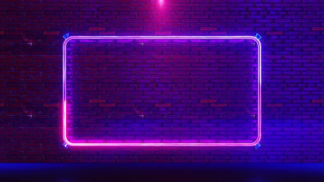 Rectangle neon frame Pink Blue colors purple brick wall background. Glowing neon frame retro style. neon sign empty space. Neon Glowing Rectangle Frame for Banner on Dark Empty Grunge Brick Background