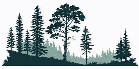 Coniferous forest landscape silhouette vector graphic with silhouette coniferous landscape evergreen woodland background wilderness illustration environment monochrome minimalist backdrop © MDMamun Islam