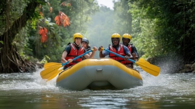 Exciting Rafting Adventure on a Lush River with Friends Enjoying a Thrilling Day of Outdoor Fun in Nature