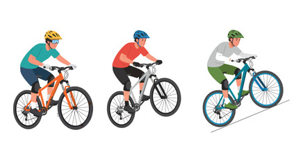 Naklejka premium Mountain Bikers in Action: Flat Riding, Wheelie, and Uphill Climb. Adventure Sport & Healthy Lifestyle Illustration