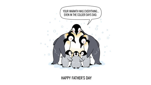 Warmth of Family: A charming illustration depicts a penguin family celebrating Father's Day, emphasizing love and togetherness in a heartwarming scene. 