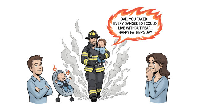 Courageous Rescue: A firefighter emerges from a simulated inferno, cradling a baby in his arms, symbolizing unwavering bravery and selfless dedication, with a supportive family watching from the side.