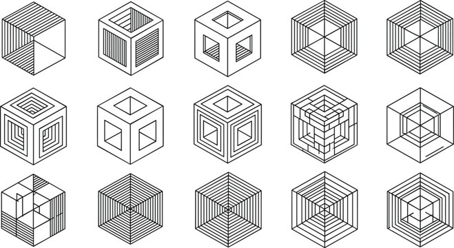 "Set of 3D Geometric Cube Icons Featuring Intricate Line Art and Depth Patterns for Digital, Architecture, and Design Projects"