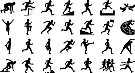 Fototapeta premium Set of black runner silhouettes showing various athletic poses and actions including sprinting, hurdling, jogging, stretching, finishing a race, and passing a baton in a relay