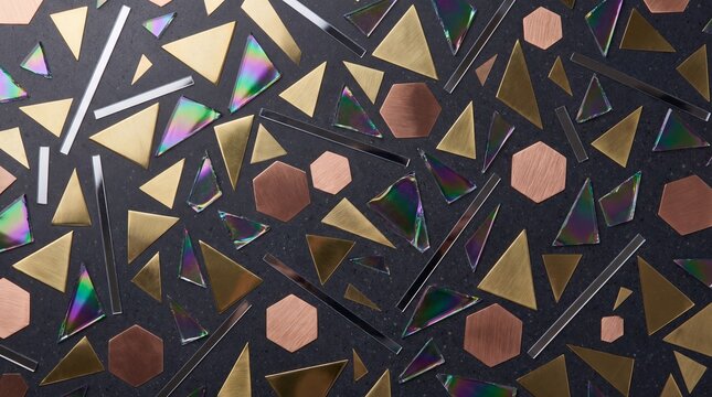 Luxury Geometric Terrazzo Background - Modern Abstrac Texture with Brass, Coppe, and Iridescent Glass Inlys - Photorealistic 3D Rener