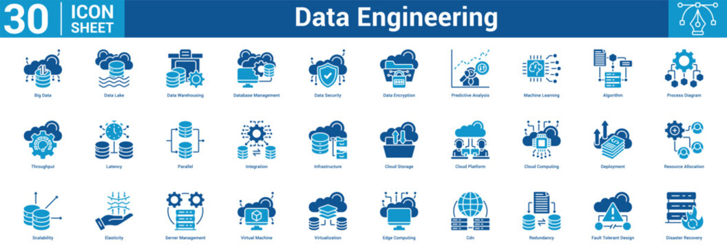 Data engineering editable icon set containing parallel, integration, infrastructure, storage, platform, and more.