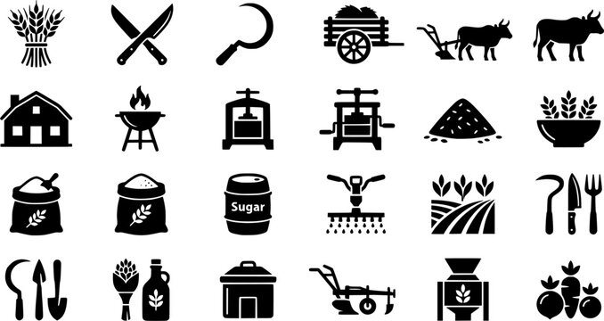 Set of vintage engraving style icons showing the process of sugar production from sugarcane, including harvesting, milling, boiling, and the final product in a barrel and sack