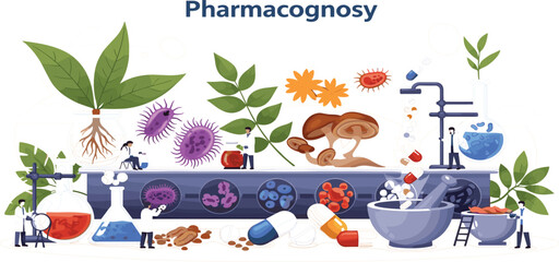 Naklejka premium Pharmacognosy Concept Illustration with Medicinal Plants Laboratory Research Herbs Microbiology and Natural Drug Development Design