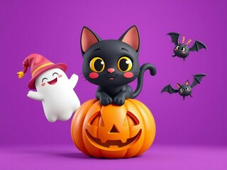Fototapeta premium A playful scene featuring a black cat, a ghost, a jack-o'-lantern, and bats on a purple background