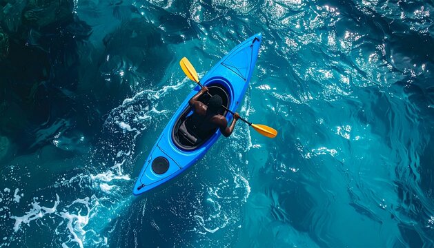 Top-down aerial view of a lone kayaker paddling through vibrant turquoise ocean waters, capturing freedom, travel, and outdoor adventure.
