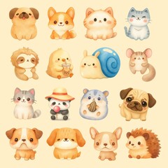 Fototapeta premium Cute Watercolor Animal Sticker Set featuring Kawaii Dog, Cat, Panda, and Other Baby Animals in Hand-Drawn Style