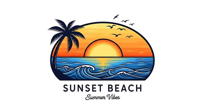 Sunset beach scene vector illustration with palm tree and ocean waves