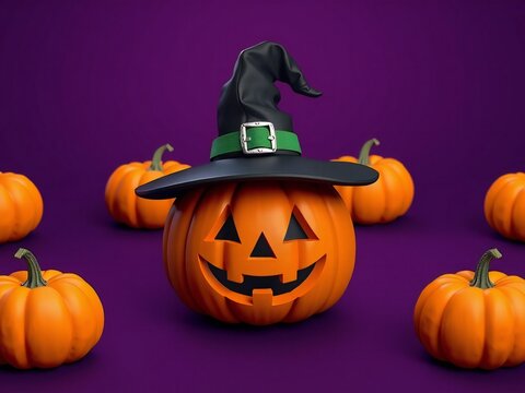 A smiling jack-o'-lantern wearing a witch's hat surrounded by pumpkins on a purple background.