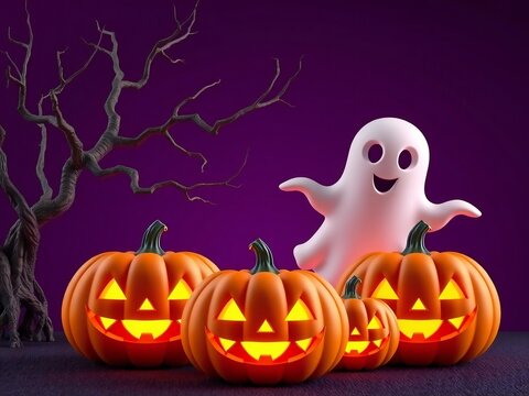 A friendly ghost and jack-o'-lanterns celebrate halloween night with a spooky tree.