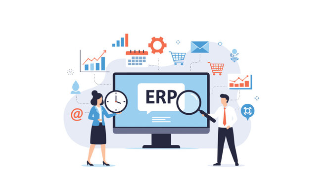 Professional man and woman use tools like a magnifying glass and a clock to manage data and operations on a large ERP computer screen.
