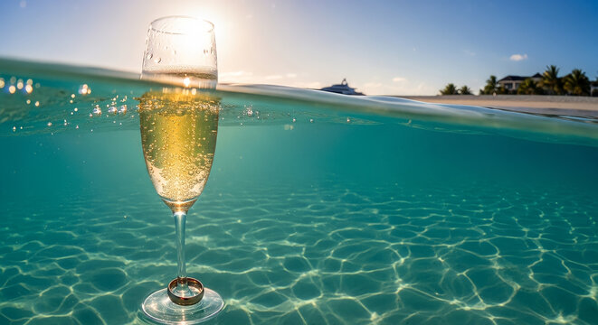 Split-Level View of Champagne Glass in Clear Turquoise Ocean Water