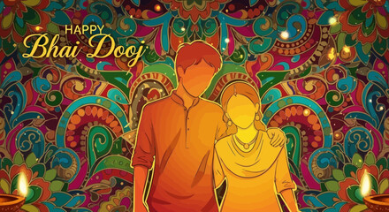 Obraz premium Happy Bhai Dooj: Brother and Sister Embrace Amidst Vibrant Indian Festival Decorations