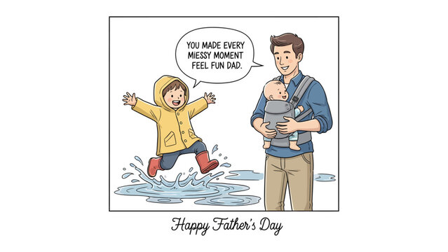 Father's Day Fun: A heartwarming Father's Day scene unfolds, featuring a dad with his baby in a carrier, watching with joy as another child leaps into puddles of water.