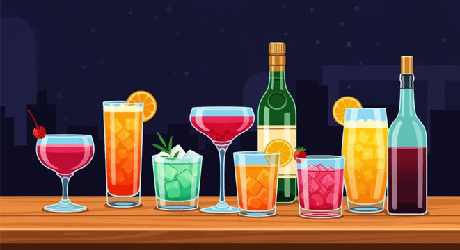 Vector illustration of various colorful cocktails, mixed drinks, and bottles on a wooden bar counter featuring ice, fruit garnishes, and a dark night city skyline background.