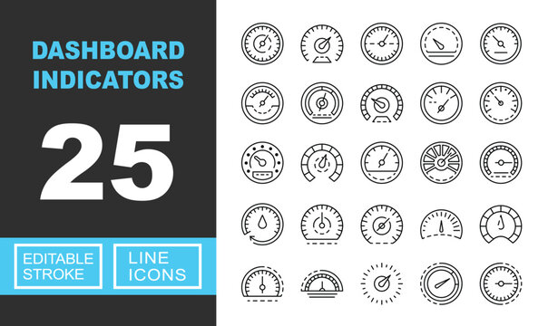 Dashboard Indicators line icon set. Exclusive Dashboard Indicators line icon collection. Containing speedometer, tachometer, gauge, odometer, dial, meter, barometer, indicator, counter, timer. Editabl
