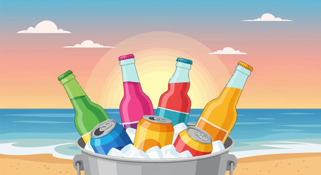 Vector illustration of an ice bucket filled with colorful glass bottles and aluminum cans on a sandy beach during sunset with ocean waves and clouds in the background.