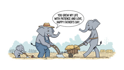 Elephant Family Father's Day: A heartwarming Father's Day illustration, depicting a family of elephants working together in a field, expressing love and gratitude. © Azizun