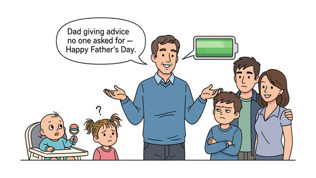 Family Dynamics: A dad provides unsolicited advice, the family watches with amusement, in an amusing comic strip for Father's Day.
