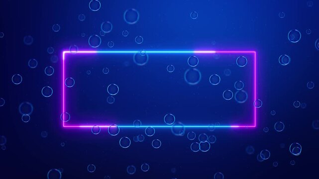 Neon Rectangle Frame Floating Bubbles Background, Vibrant frame blue pink tones backdrop modern abstract atmosphere. social media promos, streaming event announcements, digital banners, creative intro
