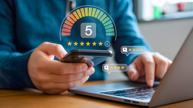 Customer satisfaction meter showing 5 stars on a smartphone screen with hands typing on a laptop, representing high rating and positive feedback
