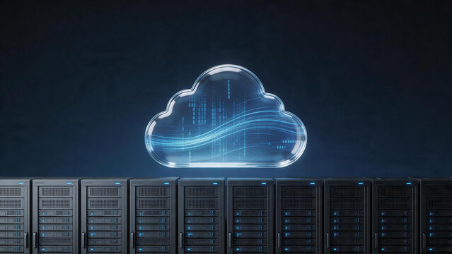 Glowing 3D transparent glass cloud floating above dark server racks, cloud computing and data storage technology concept.
