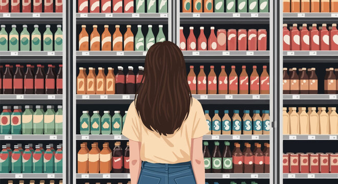 Back view illustration of a woman with long brown hair looking at shelves of bottled beverages and soft drinks inside a commercial refrigerator display case in a grocery store.