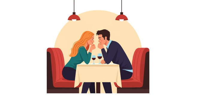 Flat vector illustration of a young heterosexual couple, man and woman, enjoying a romantic dinner date in a red restaurant booth with red wine glasses and pendant lighting.