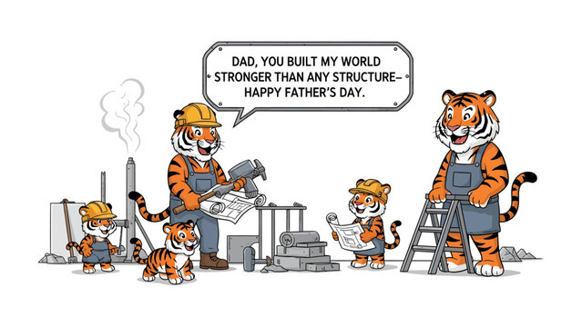 Father's Day Tigers' Construction: A heartwarming Father's Day scene features a family of tigers, working together to build a structure, symbolizing strength and family bonds.