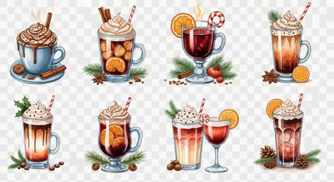Watercolor set of festive winter drinks including hot chocolate, coffee lattes and mulled wine with whipped cream, cinnamon sticks, orange slices, candy canes and pine decorations.