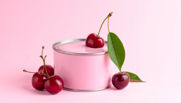 Delicious cherries and pink yogurt in modern metal cup