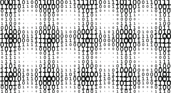 Abstract black and white binary code background. Distorted one and zero number grid, digital hacker matrix, scattered halftone typography. For modern tech data cover. Vector graphic.