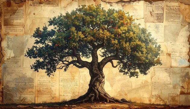 A majestic, detailed tree with vibrant foliage and red fruit stands boldly against a backdrop of aged, sepia-toned parchment