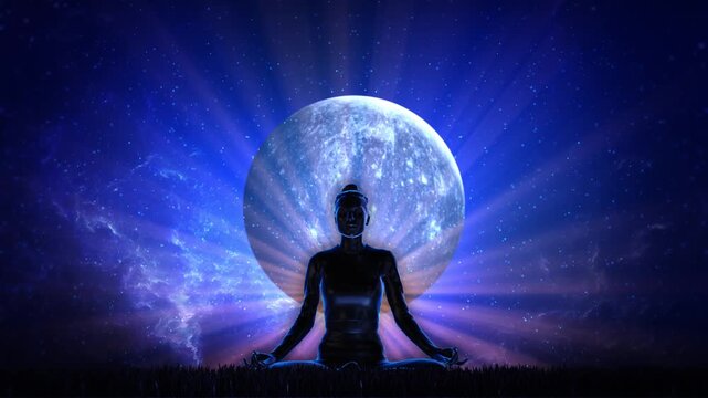 silhouette of people meditating in the middle of the beach energy effect Spiritual journey of meditating man in lotus yoga position sitting circle moving particles. Abstract animation yoga concept
