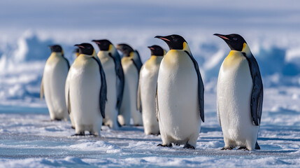 Fototapeta premium Stunning colony of Emperor Penguins standing on the frozen sea ice of Antarctica during a bright clear day with soft natural lighting and deep blue background
