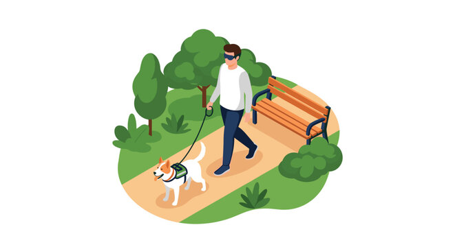 Blind man wearing dark glasses walks along a park path assisted by a trained guide dog wearing a green service harness.