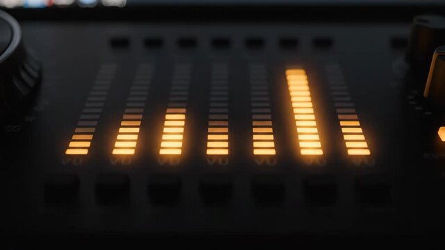 Close-up view of an illuminated audio equalizer showing volume unit meter bars responding to sound. Perfect for music, technology, and sound engineering projects.